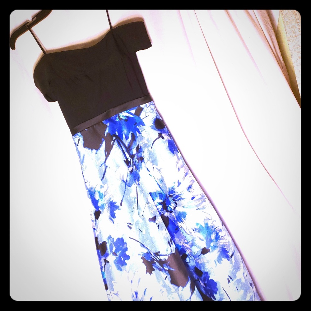 Off the Shoulder Black and Blue Prom Dress